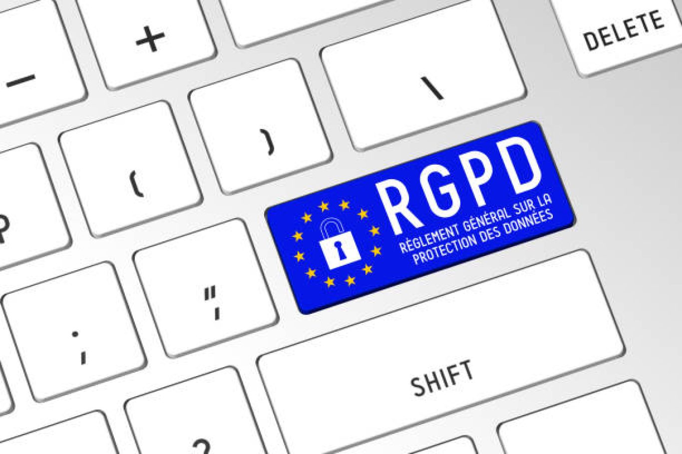 RGPD (French)/ GDPR (English) - General Data Protection Regulation - European Union flag and lock, computer keyboard.

Source of the map used for reference (European Union flag): https://en.wikipedia.org/wiki/Flag_of_Europe